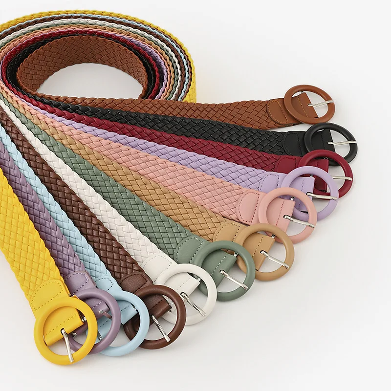 

New Fashion Candy Color Round Leather Bag Buckle Wide Belt Women's Versatile Clothing Decorative Woven Belt for Women