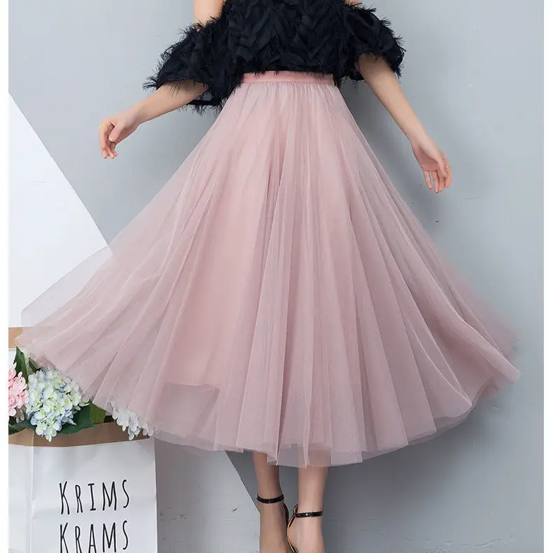 New Arrival Women Tulle Skirt Mesh High Waist A-line Pleated Spring Summer Lace Gauze Skirts Female Ankle-length Long Midi Skirt