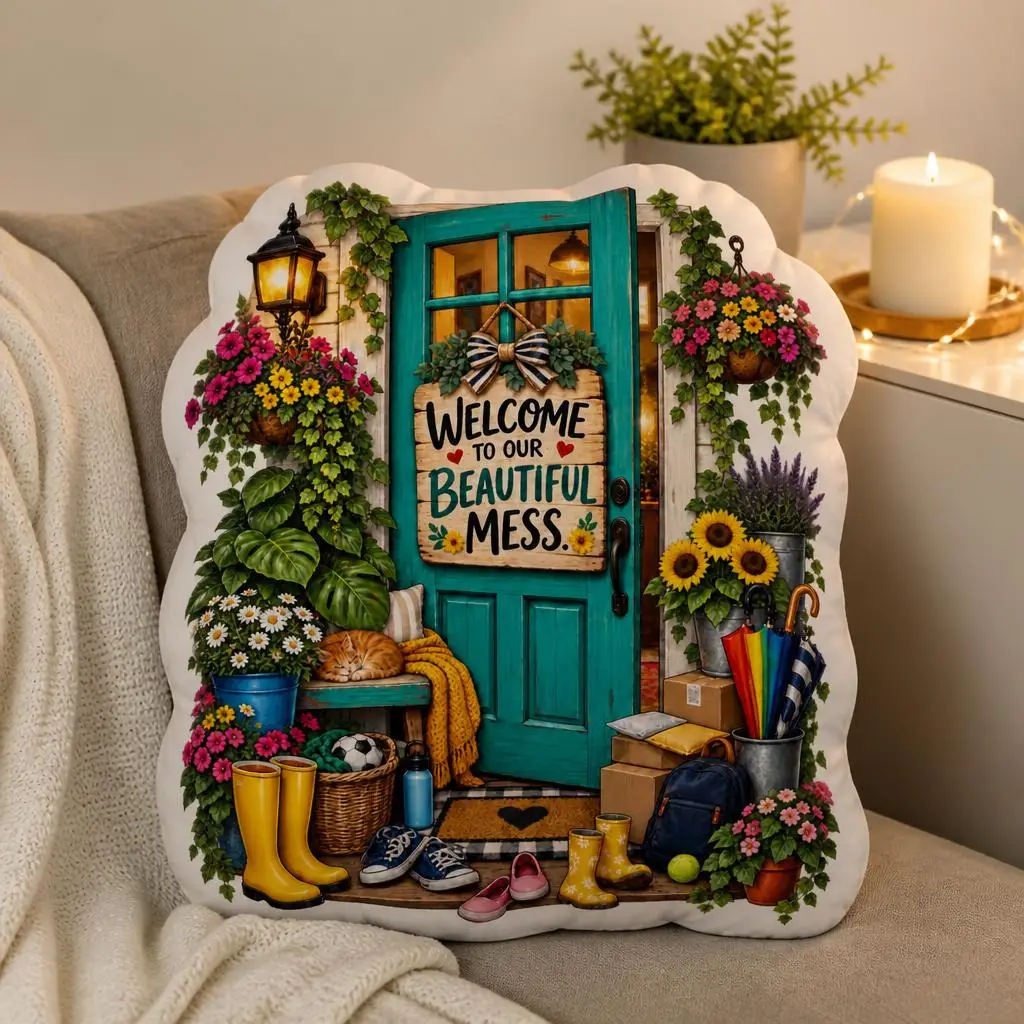 Welcome To Our Beautiful Mess Pillow Family Home Decor Housewarming Gift Decorative Throw Cushion for Sofa Bedroom Accent