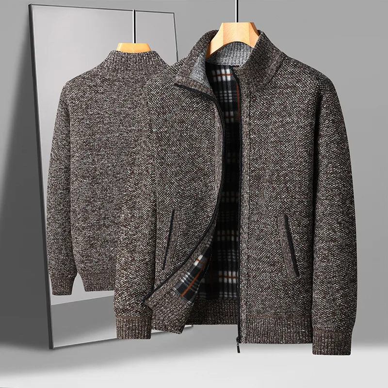 

Мужской осенне-зимний свитер с воротником-стойкой на флисовой подкладке, толстый однотонный свитер, молодежный теплый кардиган, вязаная куртка