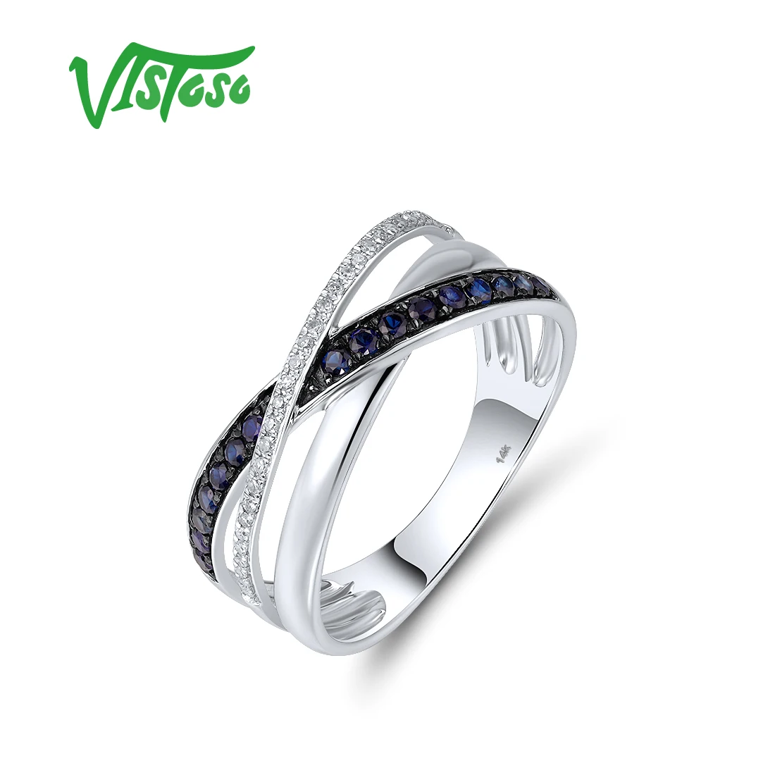 VISTOSO Authentic 14K 585 White Gold Rings For Women Sparkling Diamond Blue Sapphire Classic Wedding Engagement Fine Jewelry