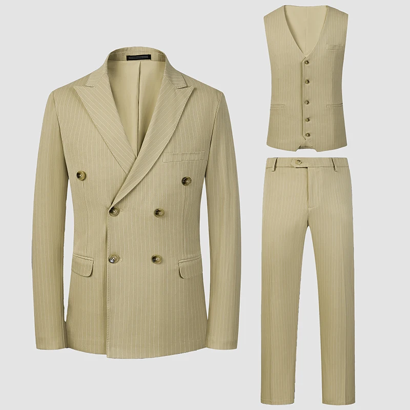 

Two high-quality men's fashion, trendy and stylish striped solid color business and casual wedding three-piece sets
