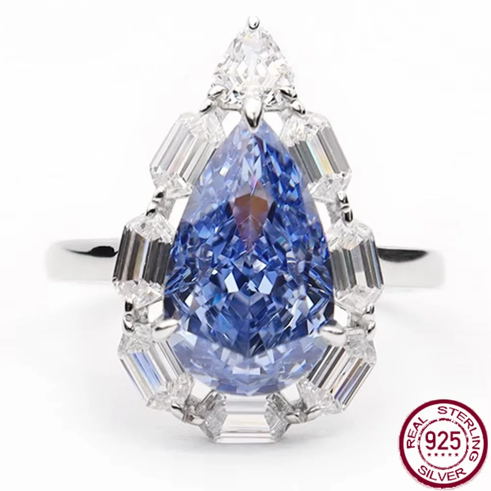 Anillo de compromiso para mujer, con zafiros en forma de pera de 9 x 15 mm, diamantes de alto contenido de carbono y gemas, elaborado en plata de ley 925, 100 % Yaranyan, ideal para ocasiones especiales.