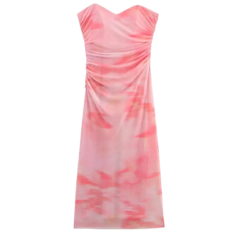 2025년 봄 신상 여성 패션 다용도 프린트 실크 메쉬 튜브탑 어깨 노출 드레스 출퇴근 스타일 민소매 기타 소재 00%