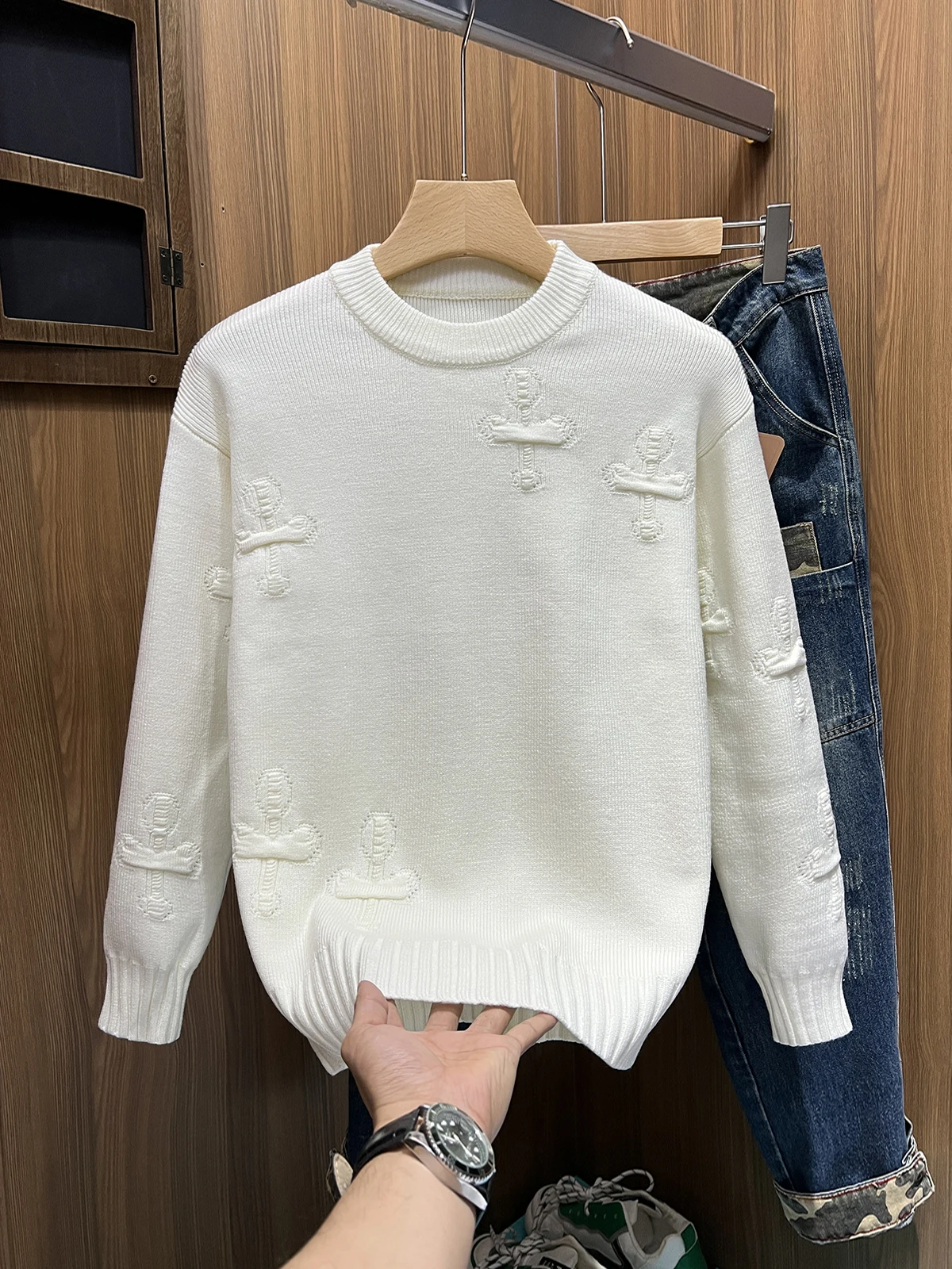 

Мужской утепленный вязаный свитер для осени и зимы, базовый слой, модный брендовый молодежный повседневный трикотаж с длинным рукавом и круглым вырезом