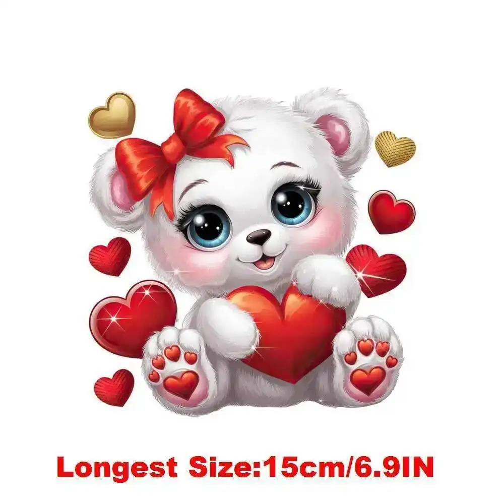 15cm Cartoon Love Heart Bear Valentine Day Iron On Transfer Stickers Diy DTF Heat Transfer Sticker T-shirt Clothes Decals