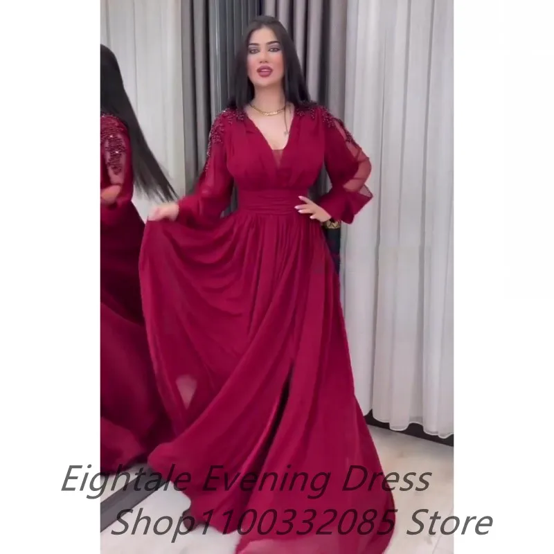 2022 Eightale Burgundy Chiffon A Line Long Sleeve Arabic Evening Dress for Wedding V Neck Prom Gowns Formal Celebrity Gown