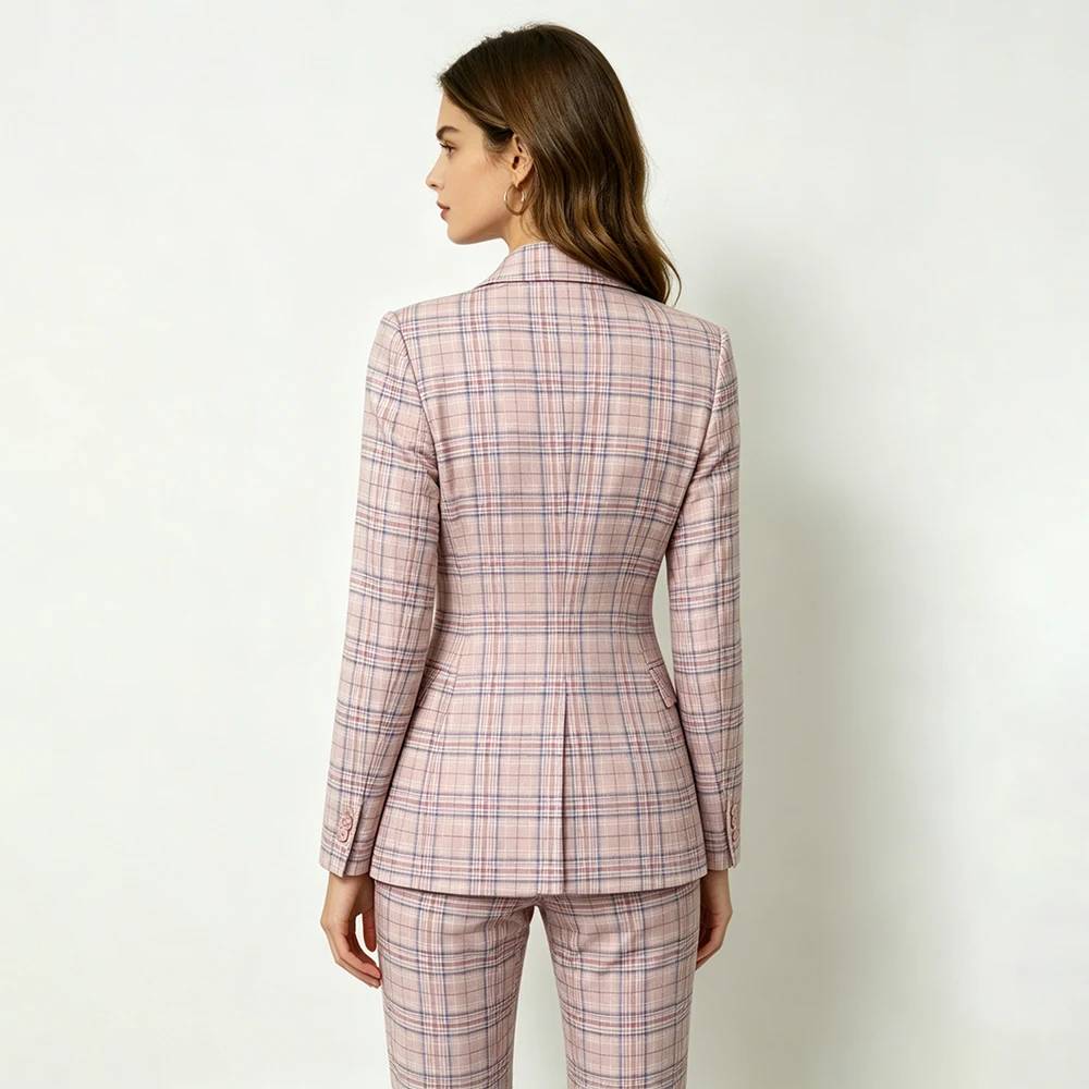 Elegant Women's Plaid Suits Summer One-Button Slim Fit Back Vent Blazer High Quality 2 Piece Jacket Pants For Office Work