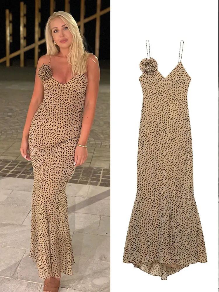 HH Female Temperament Zipper Slim Suspender Dress Women's Summer Fashion Sexy V-neck Flower Decoration Polka Dot Long Dress