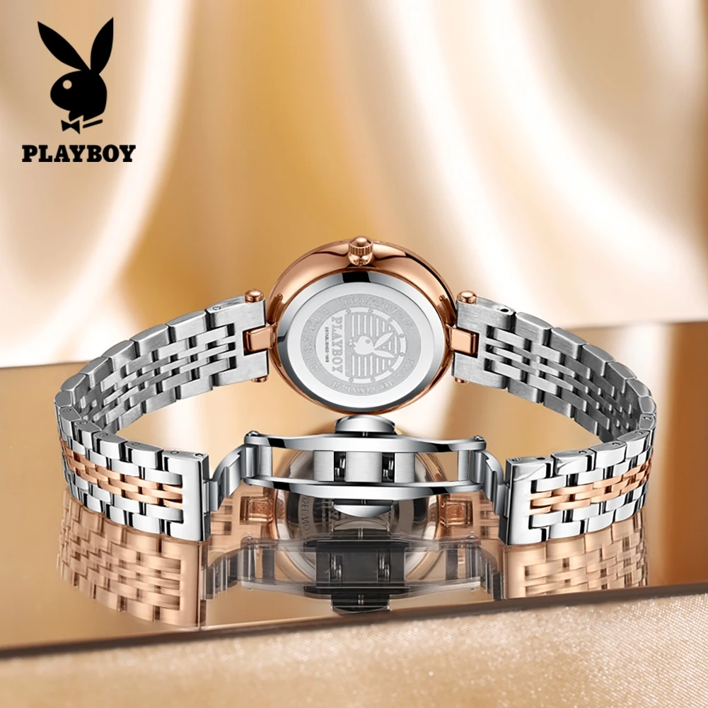PLAYBOY 2054 Elegance Women Watch Original Quartz Movement Gypsophila Dial Stainless Steel 30M Waterproof Calendar Display Fashion Watch For Women