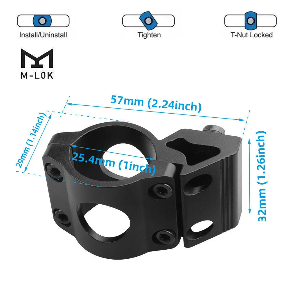 M-lok 45도 오프셋 플래시라이트 마운트 홀더 25.4mm 광학 스코프 레이저 링 사냥 장난감 총 라이트 액세서리