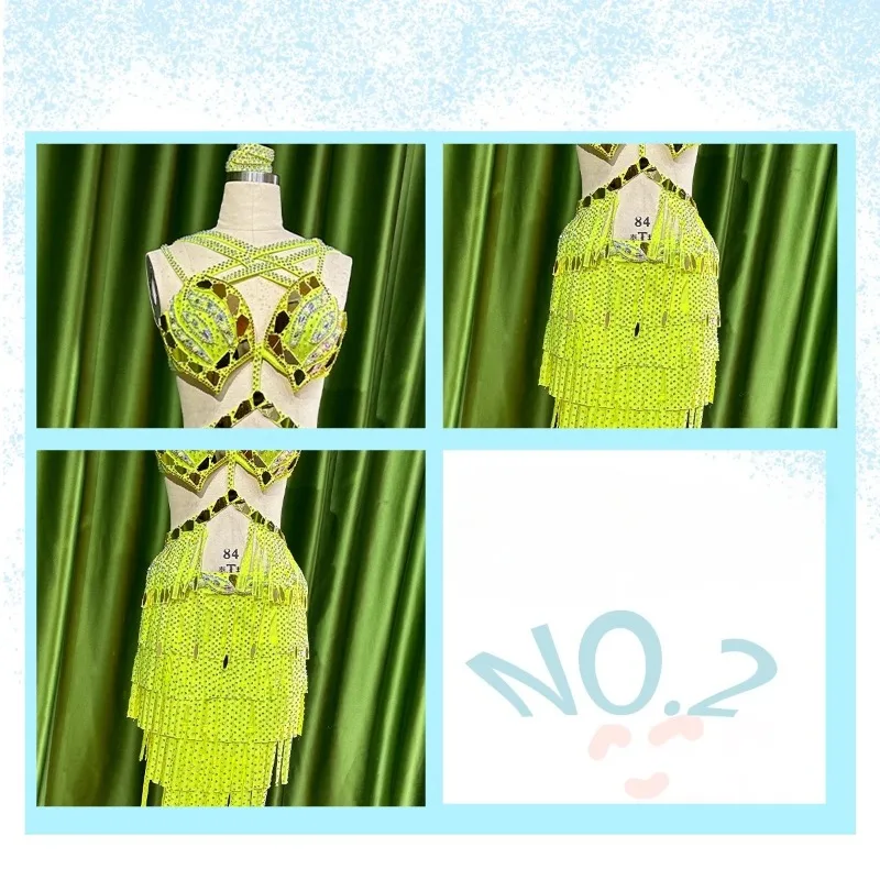 Customized Belly Dance Costumes Fluorescent Green Drum Dance Group Latin Bra Fringed Skirt Set Samba Carnival Costumes