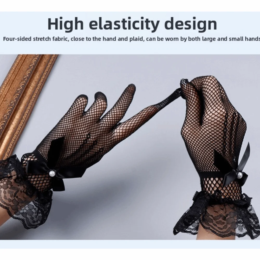 1pair Fashion Stretchy Fishnet Lace Gloves Five-finger Bow Tie Gloves with Lace Hollowout Pearls Lace Mesh Gloves Bride