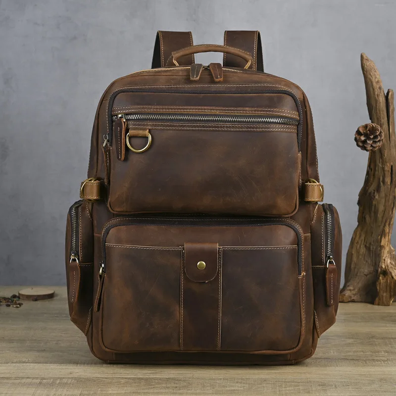 Large Capacity Laptop Rucksack Crazy Horse Leather Multi-Pocket Genuine Cowhide Daypack  Men's Retro Heavy Duty Leather Backpack