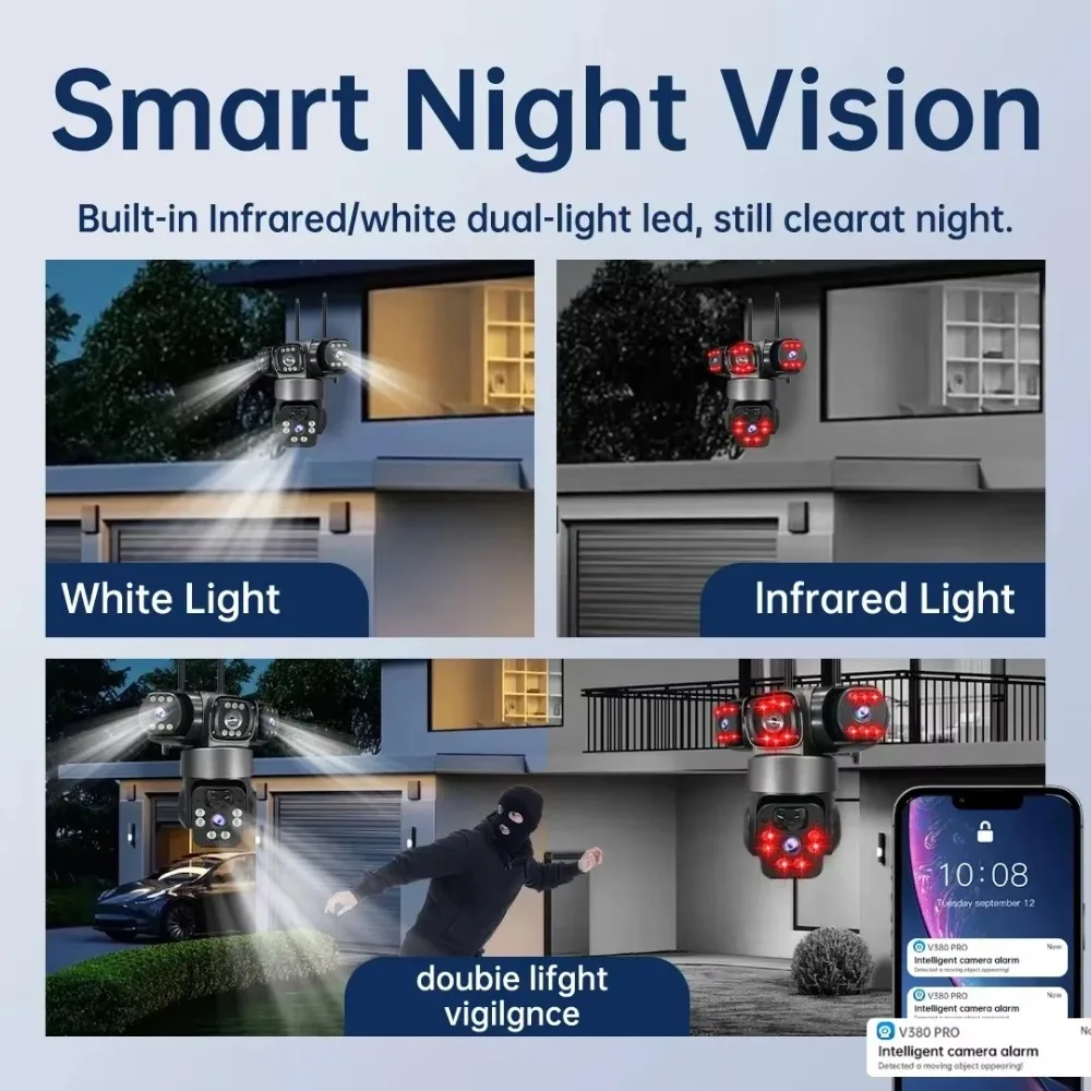 8K 15MP Outdoor Solar Camera Wifi V380 3 Screen 3 Lens Night Vision PIR Human Detection Security Video IP66 Surveillance IP CCTV