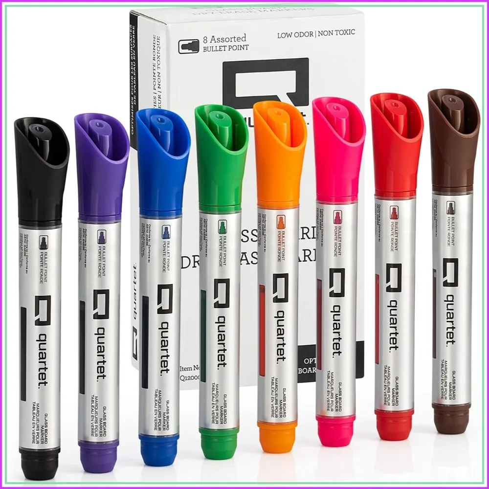 

Dry Erase Markers for Glass Whiteboards, Bullet Tip, 8 Assorted Colors, Easy Erase