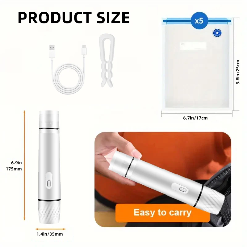 

Портативный ручной вакуумный упаковщик, в комплекте 5 многоразовых пакетов с застежкой-молнией для сохранения свежести фруктов, овощей, мяса и рыбы.