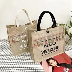 ISKYBOB Women Travel Shopping Bag Large Capacity Handbags Lady Tassel Shoulder Bag Big Letter Linen Totes Casual 2024 Gift Bag