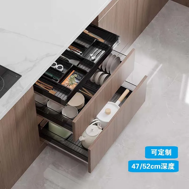 

Aluminum Alloy Cabinet Basket Bowl Kitchen Tools Pumping Divider Three-layer Dish Pot Storage Shelf, Black