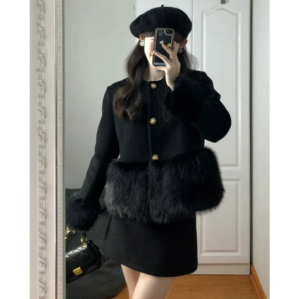 Autumn Winter New Elegant Black Heavy Industry Faux Fur Patchwork Wool Short Coat Two-Piece Overskirt Suit Women\'s Clothing