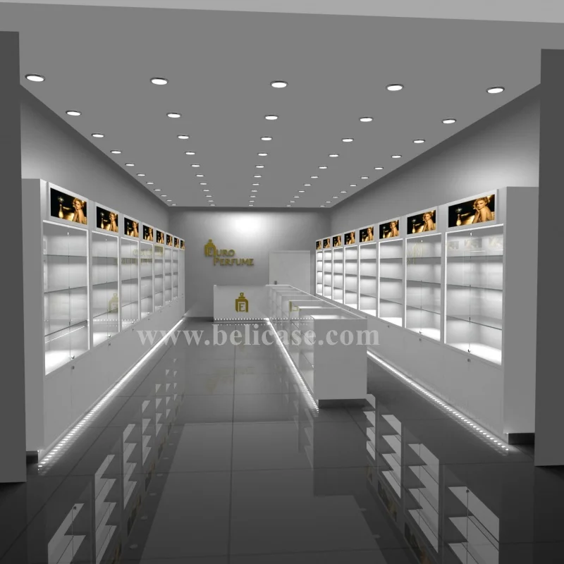 Custom, luxury smoke perfume display shelf perfume shop design led perfume glass display cabinet