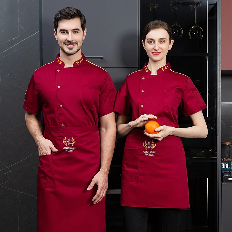 Uniforme Chef manga curta para homens e mulheres, jaqueta Chef, casaco cozinheiro, camiseta padeiro, uniforme de garçom, roupas de restaurante e hotel, uniforme com logotipo