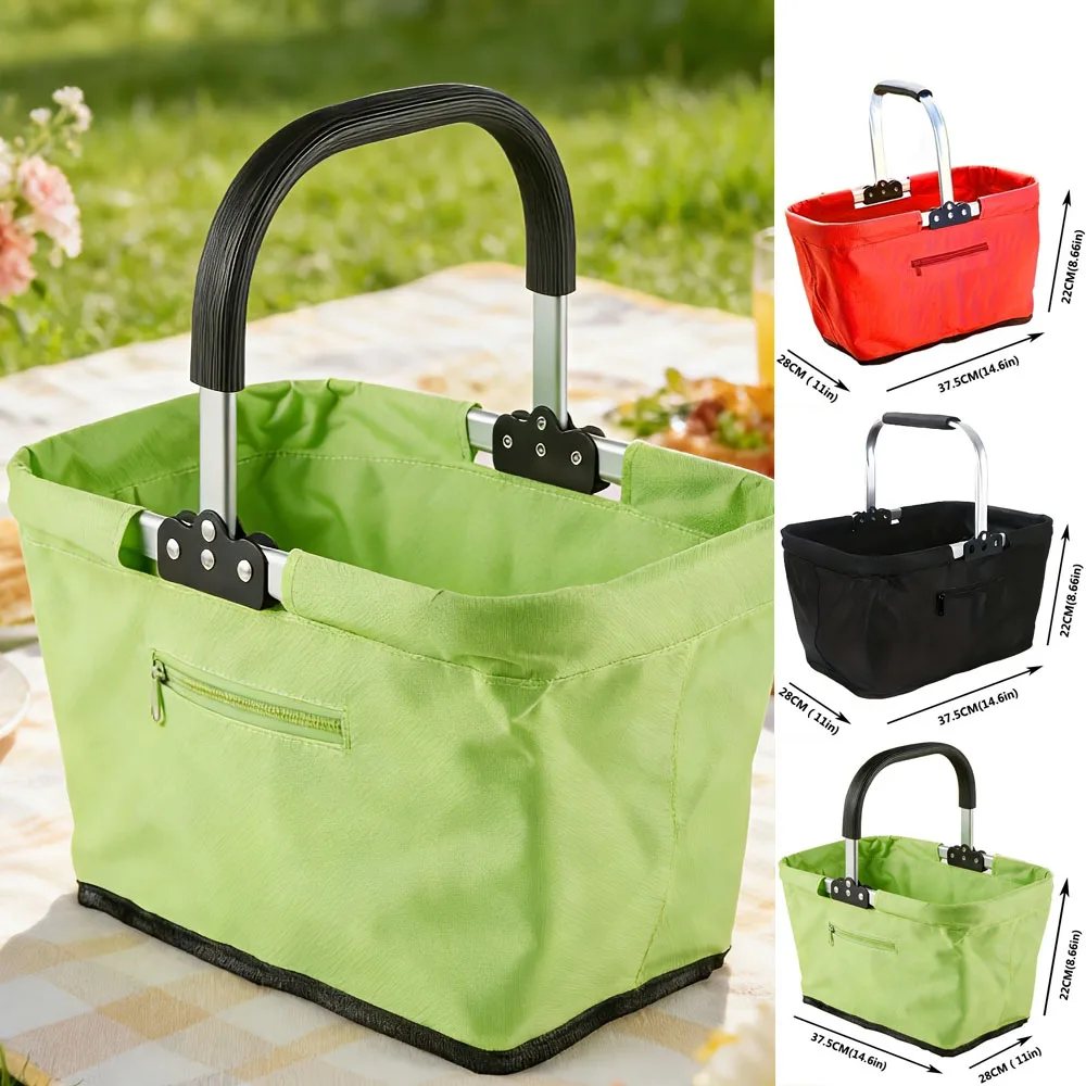 

Portable picnic bag, foldable aluminum frame basket handbag, foldable Oxford cloth shopping basket, side zipper bag, large space
