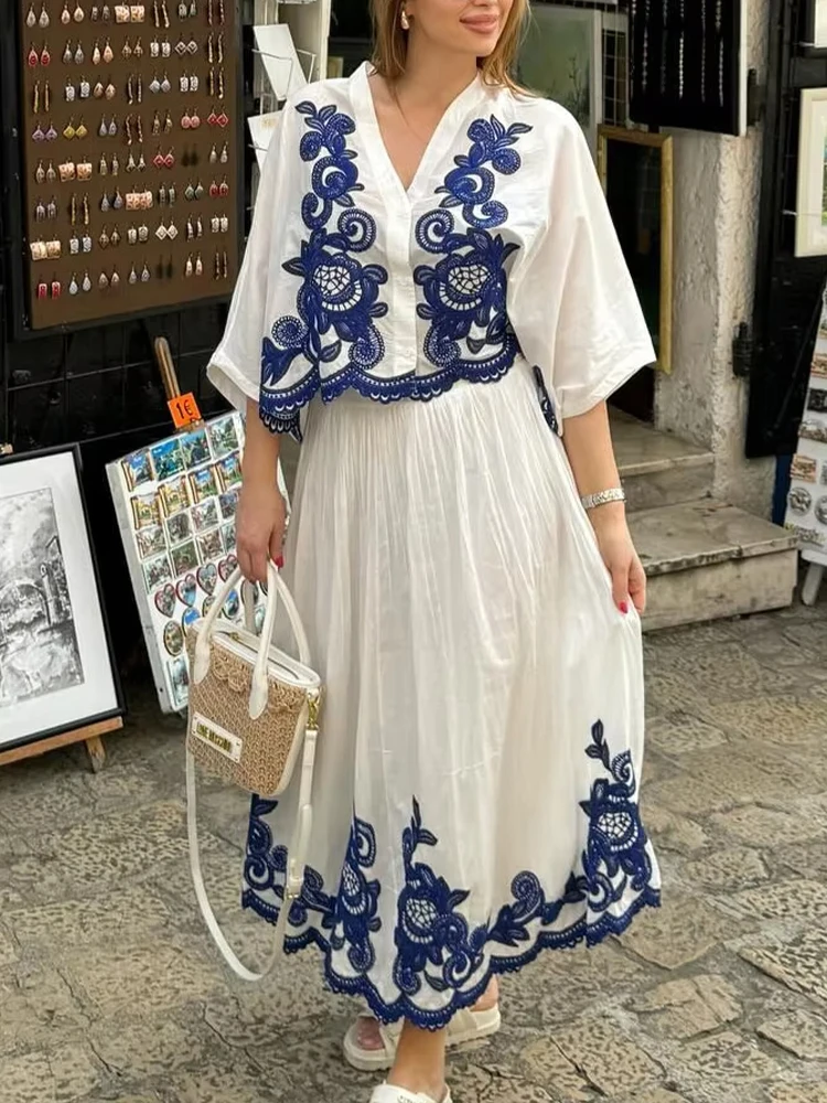 HH 2024 여성 자수 셔츠 미디 스커트 세트 캐주얼 셔츠 탑 + A라인 하이웨이스트 시크 엘레강스 플리츠 롱 스커트 의상