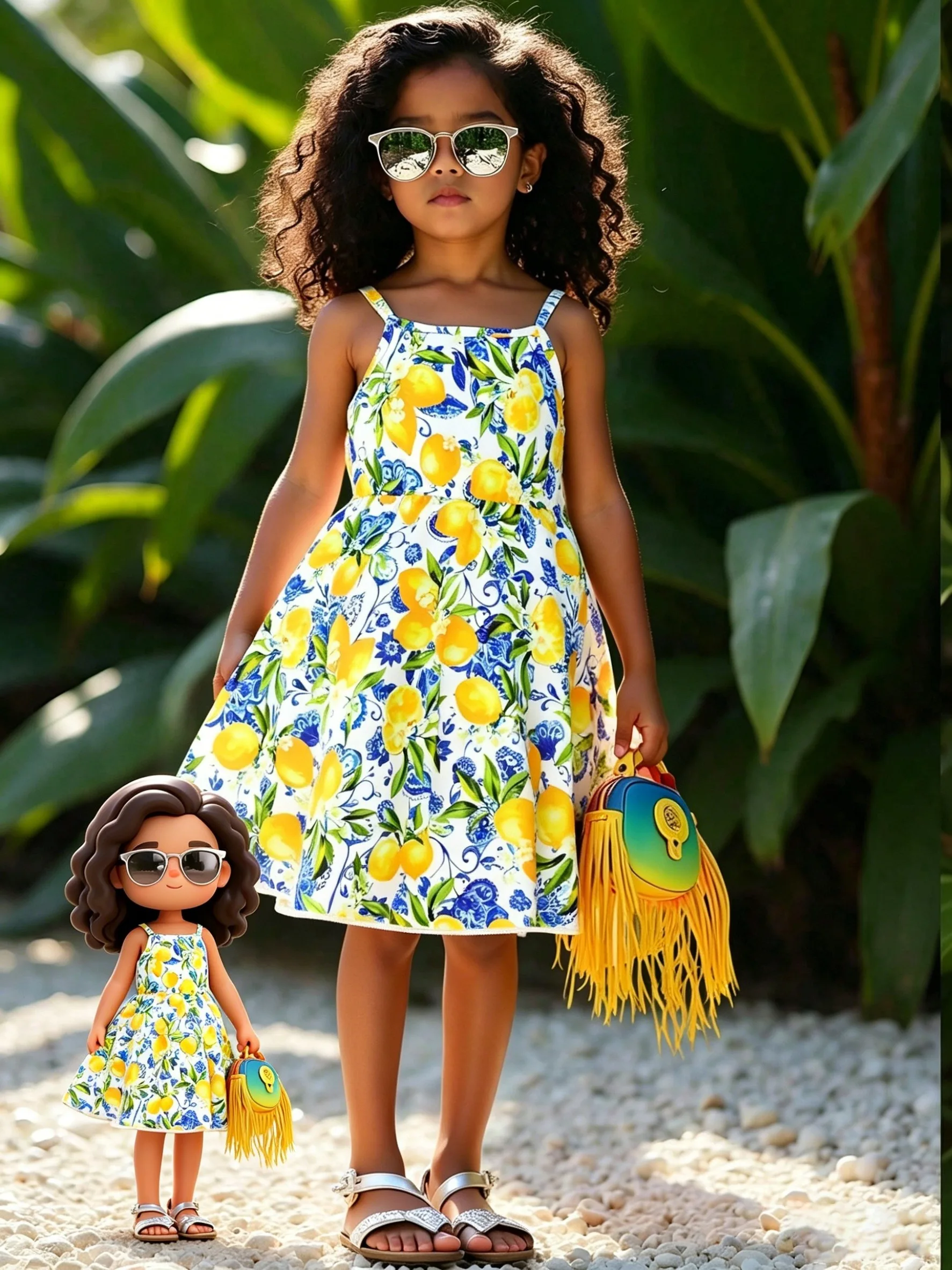 Trendy Girls 1Pc Tropical Beach Dress, Allover Lemon Fruit Print Sleeveless Swing Dress for Seaside Vacation Kids Outdoor Photos