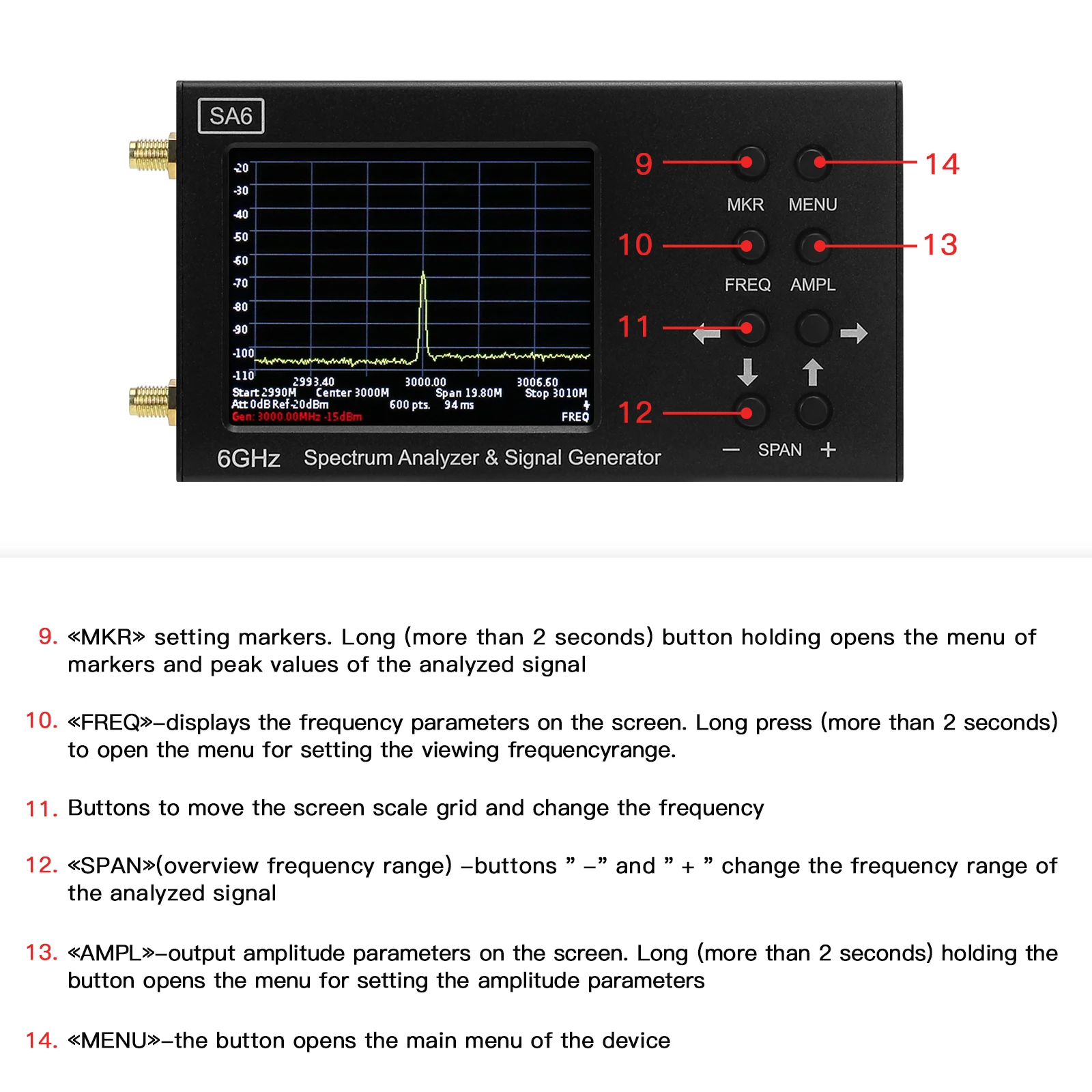 HamGeek Original SA6 35-6200MHz Spectrum Analyzer Signal Generator RF Signal Source Wi-Fi 3G 4G LTE CDMA GSM Beidou GPR GLONASS