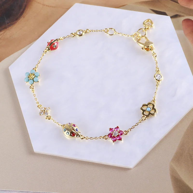 

European and American Ornament Fun Three-Dimensional Ladybird Flower Inlaid Zircon Multi-Pendant Niche Bracelet for Women