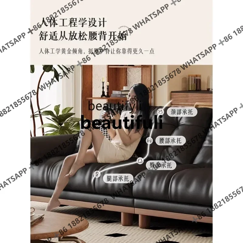 X A Retro leather sofa straight row living room small apartment French black first layer cowhide American