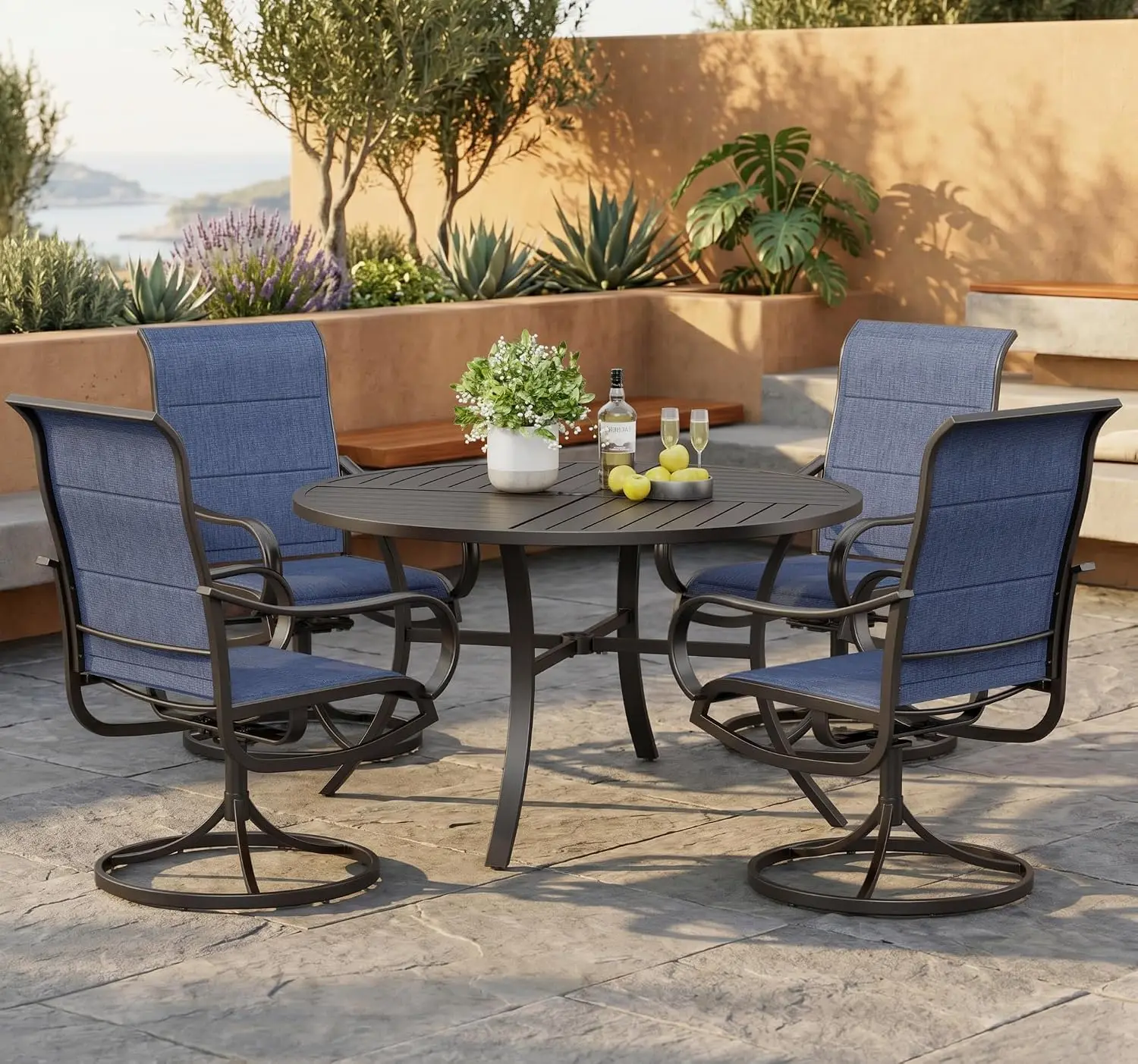 Round Patio Dining Set 4 Swivel Padded Chairs Blue, Customized