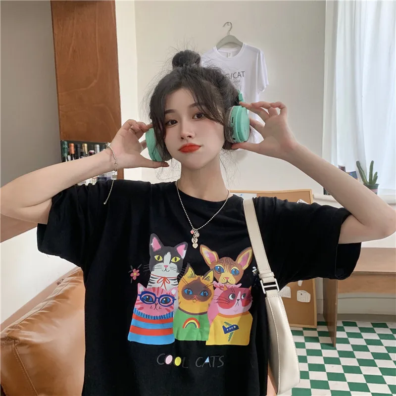 

Cartoon Cat Print Summer T-Shirts Women Short Sleeve Casual Shirt Tops Funny Loose Y2K Harajuku Top Tees Streetwear Oversized