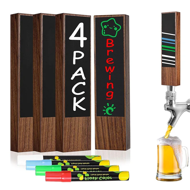 4 PCS Chalkboard Beer Tap Handle,Wooden Keg Tap Handle 3/8''-16 UNC Ebony Faucet Handles for Homebrew Kegerator,Come with Marker