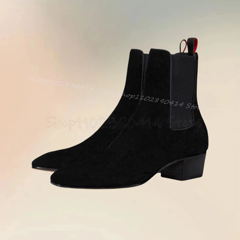 Black Patchwork Chunky High Heel Boots Fashion Slip On Men Boots Luxurious Handmade Party Feast Banquet Office Men Casual Shoes