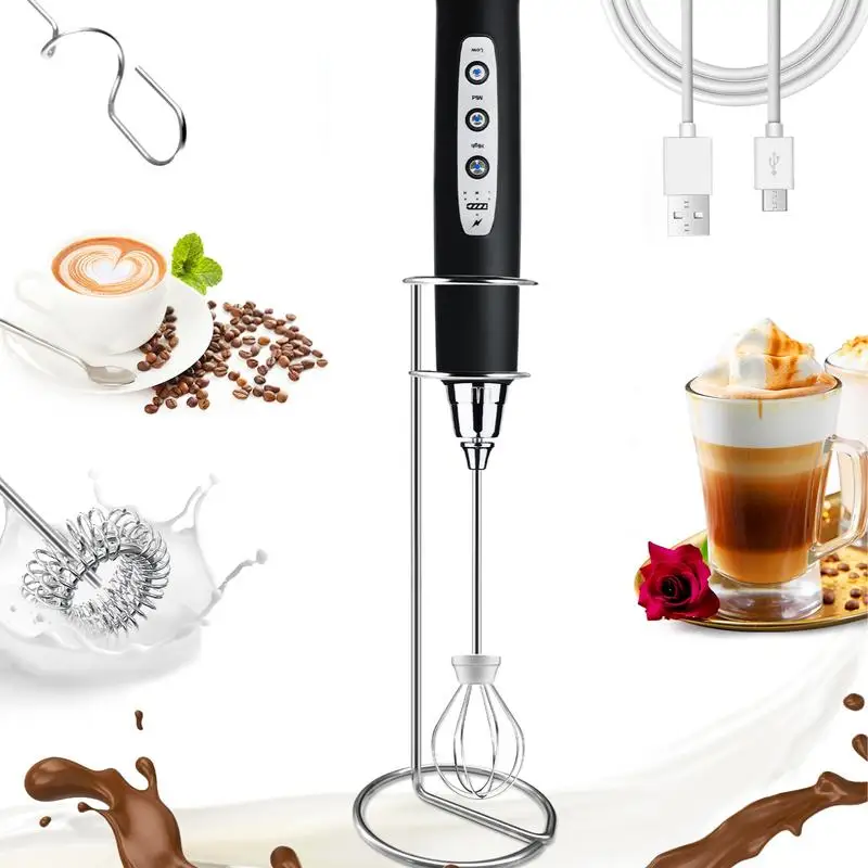 خفاقة كهربائية محمولة قابلة لإعادة الشحن مع 3 رؤوس مزبدة و3 إعدادات للسرعة لصانع مشروبات خلط رغوة القهوة #1