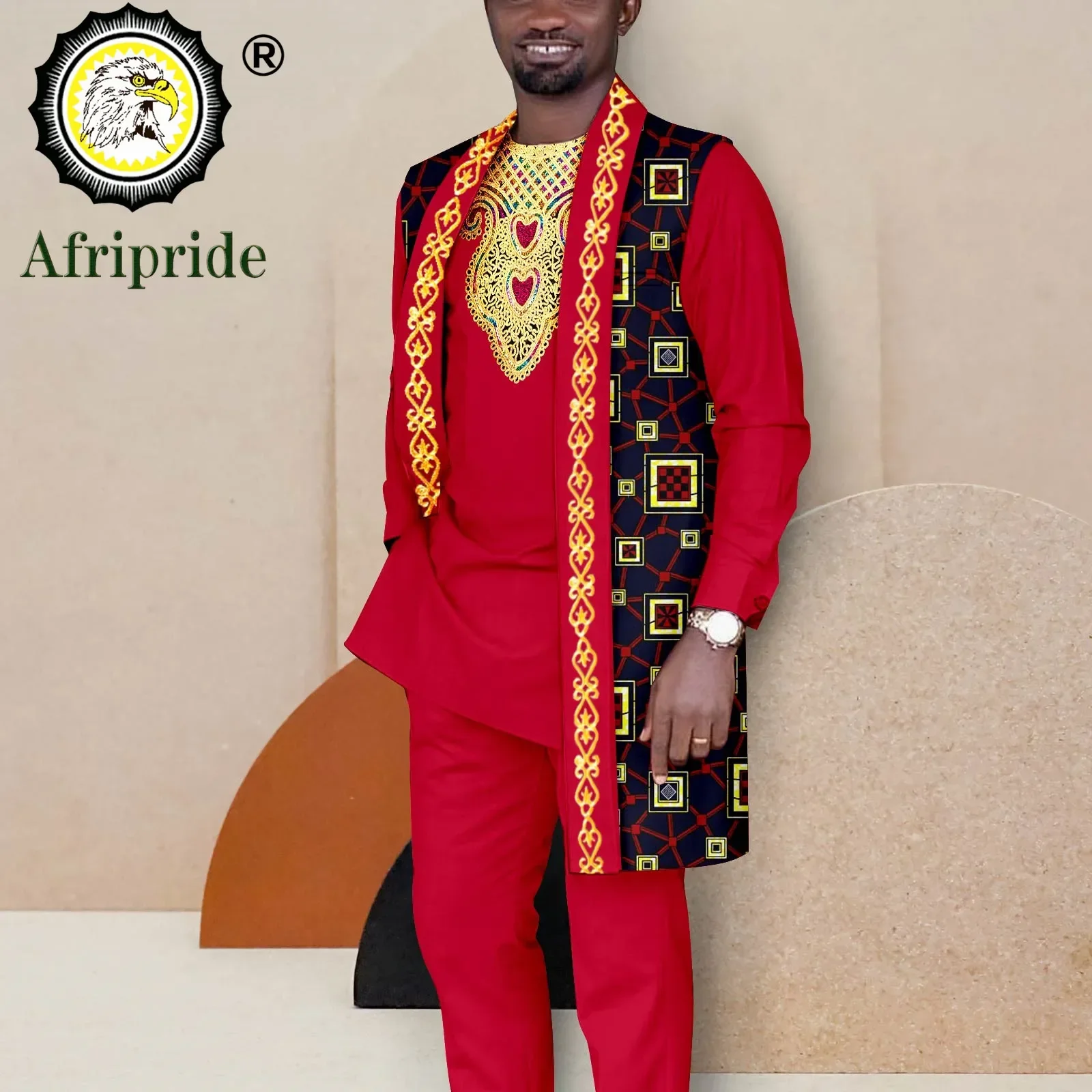 African Suits for Men Print Jacket Embroidery Shirts and Pants 3 Piece Set Dashiki Outfits Plus Size Casual Attire A2316032