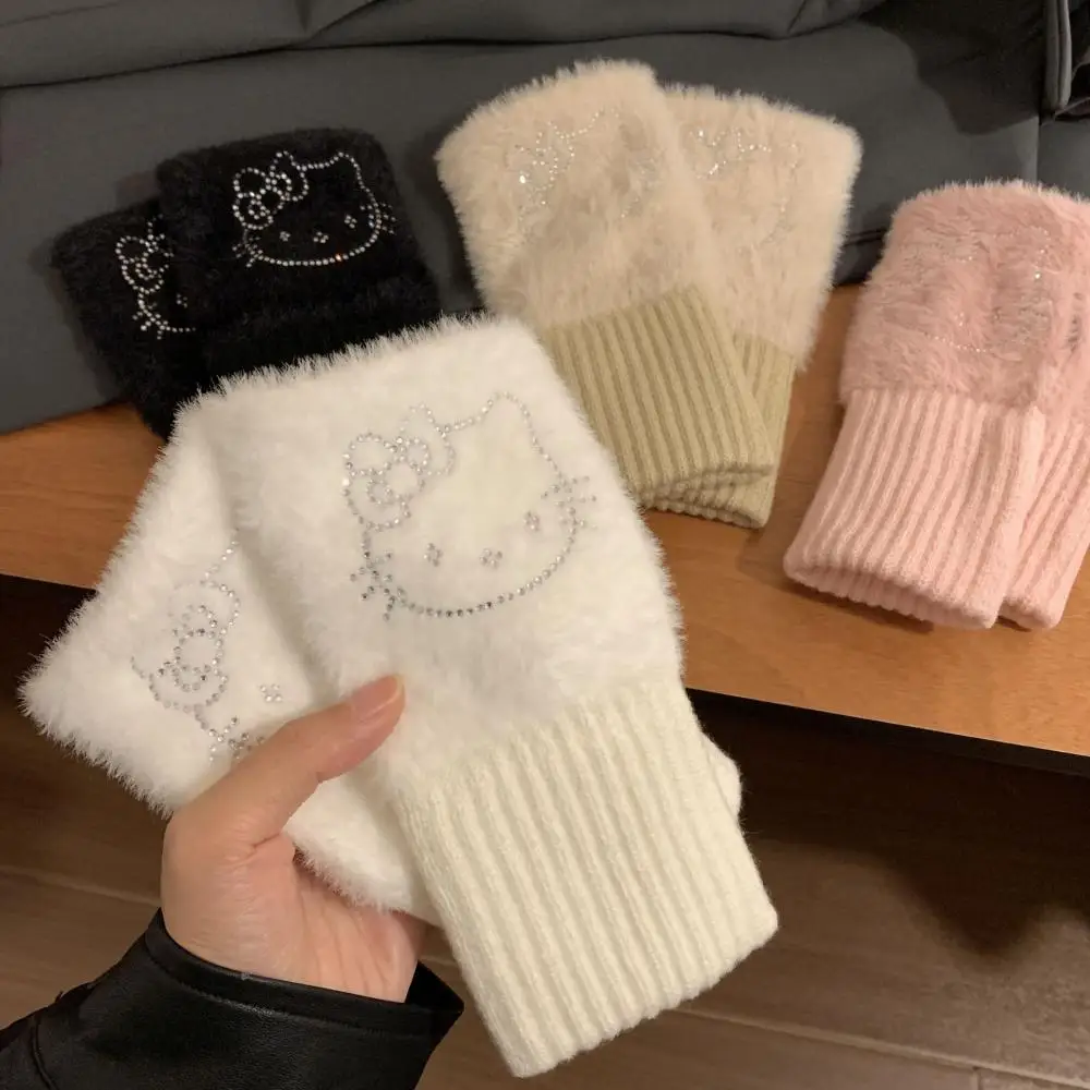 Kt Anime Sanrios lindo Hello Kitty guantes de medio dedo de felpa pajarita Kawaii de dibujos animados suave espesar protección cálida del estudiante frío