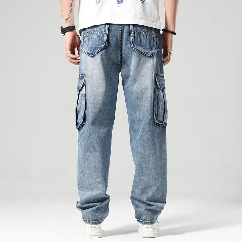 High Street Oversized Loose Cargo Jeans Men's Straight Casual Hip Hop Pants Classic Brand Male Multi-pocket Harem Denim Trousers