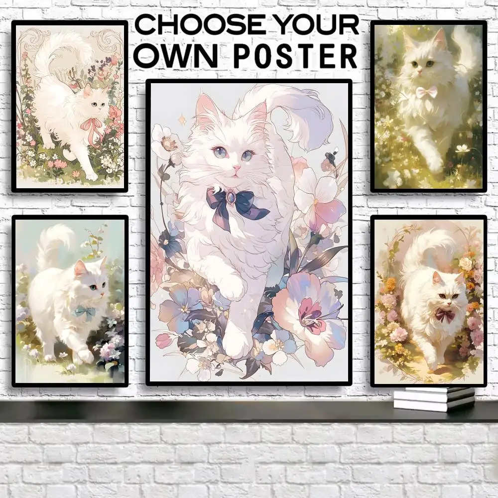 

Artillustration Of A Cat Walking On A Flower Path Poster HD Anime Wall Art Poster Self-Adhesive Peel And Stick Canvas For Room D