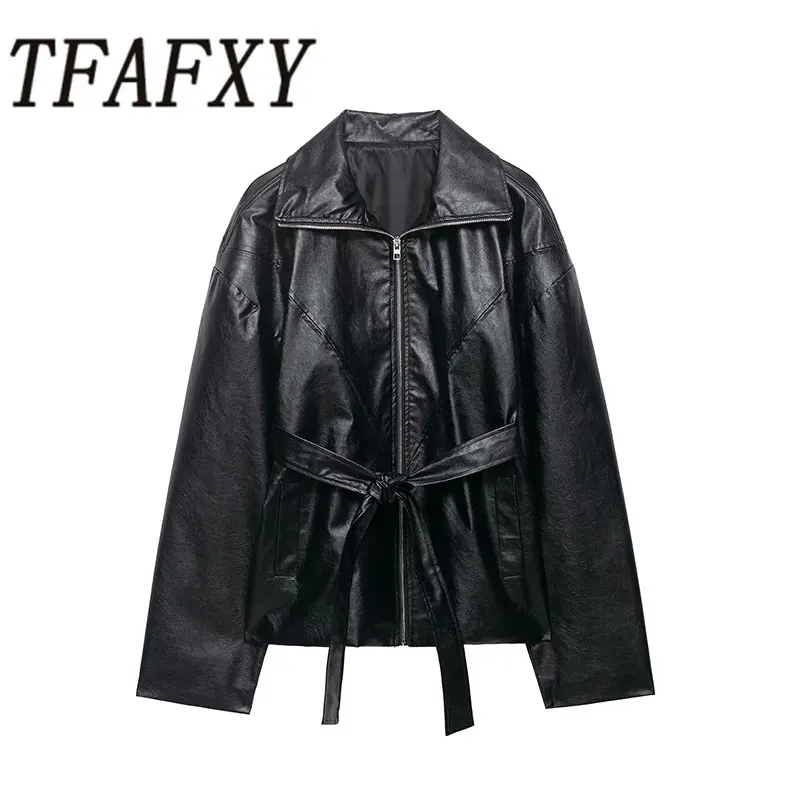 

TFAFXY 2026 Весенняя женская куртка из искусственной кожи на молнии с поясом, свободная мотоциклетная куртка, верхняя одежда, пальто в стиле Y2K