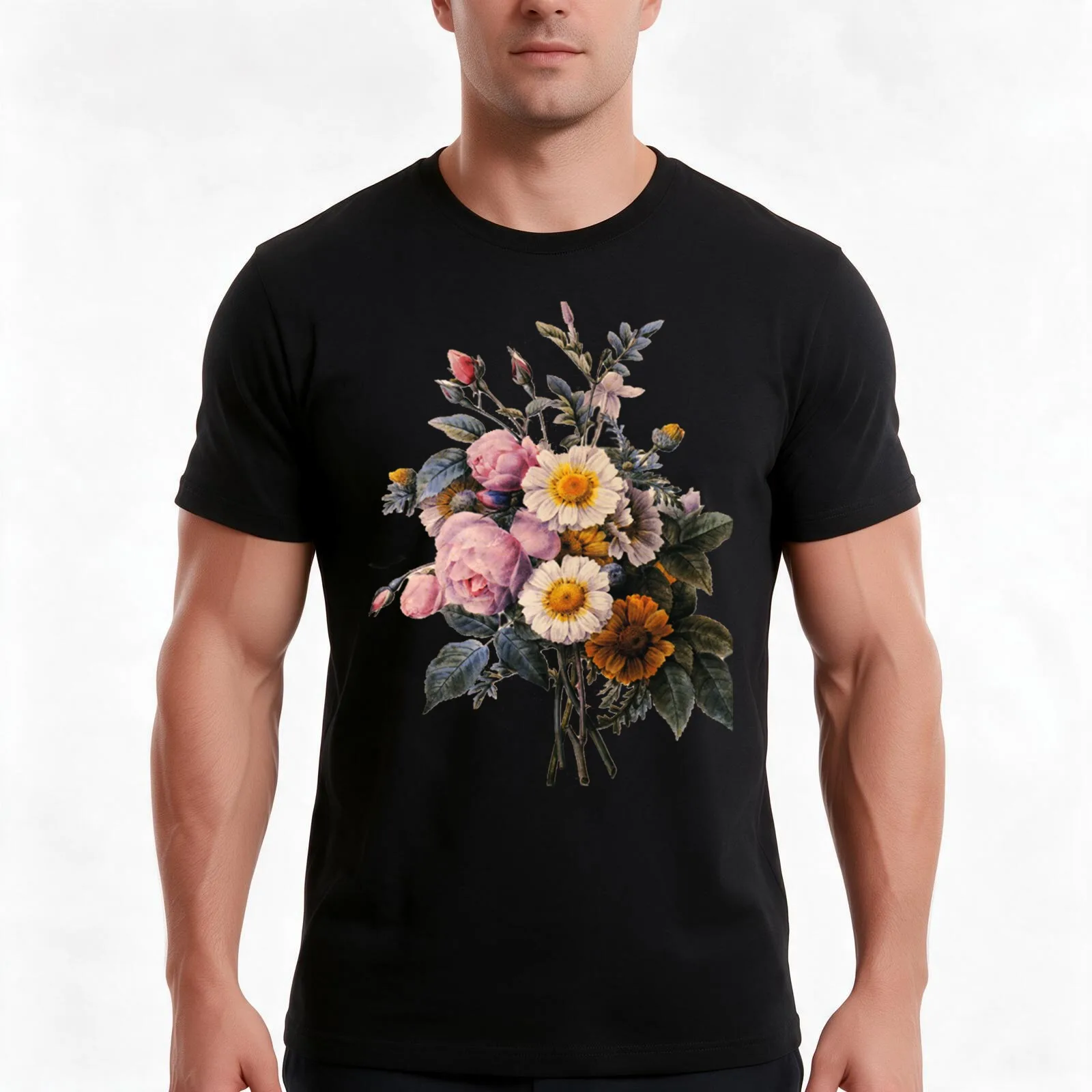 vintage botanical art beautiful yellow daisy and pink rose flowers. T-Shirt Summer Casual Cotton Tee Unisex Men Women