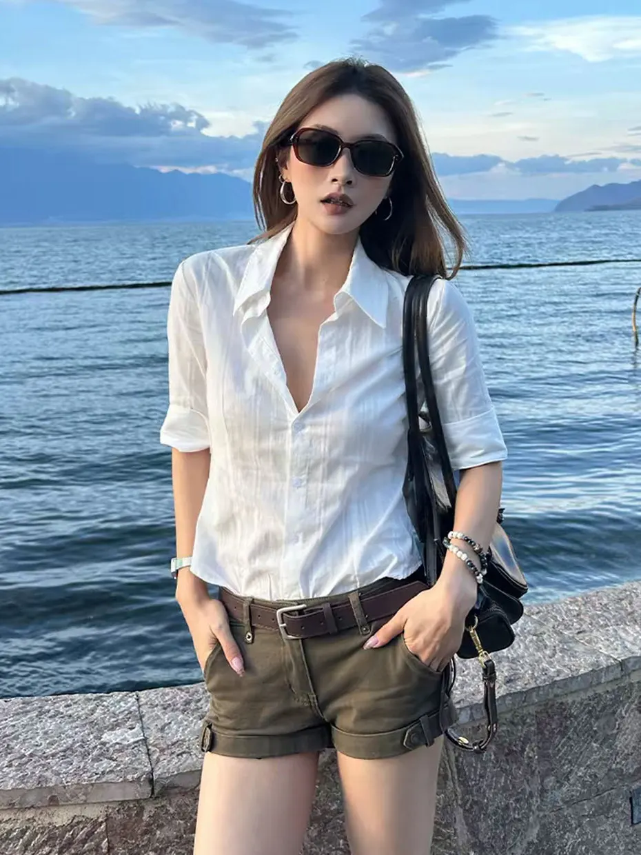 

French Style Women's Linen Shirt Waist Cinched Short Sleeve Early Spring New Fashion Old Money Style Fashionable Casual Shirt