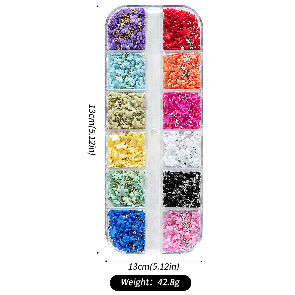 Boîte de 12 grilles de fleurs acryliques colorées, décoration 3D pour ongles, taille mixte 1/2/3/6mm, perle en acier pour manucure