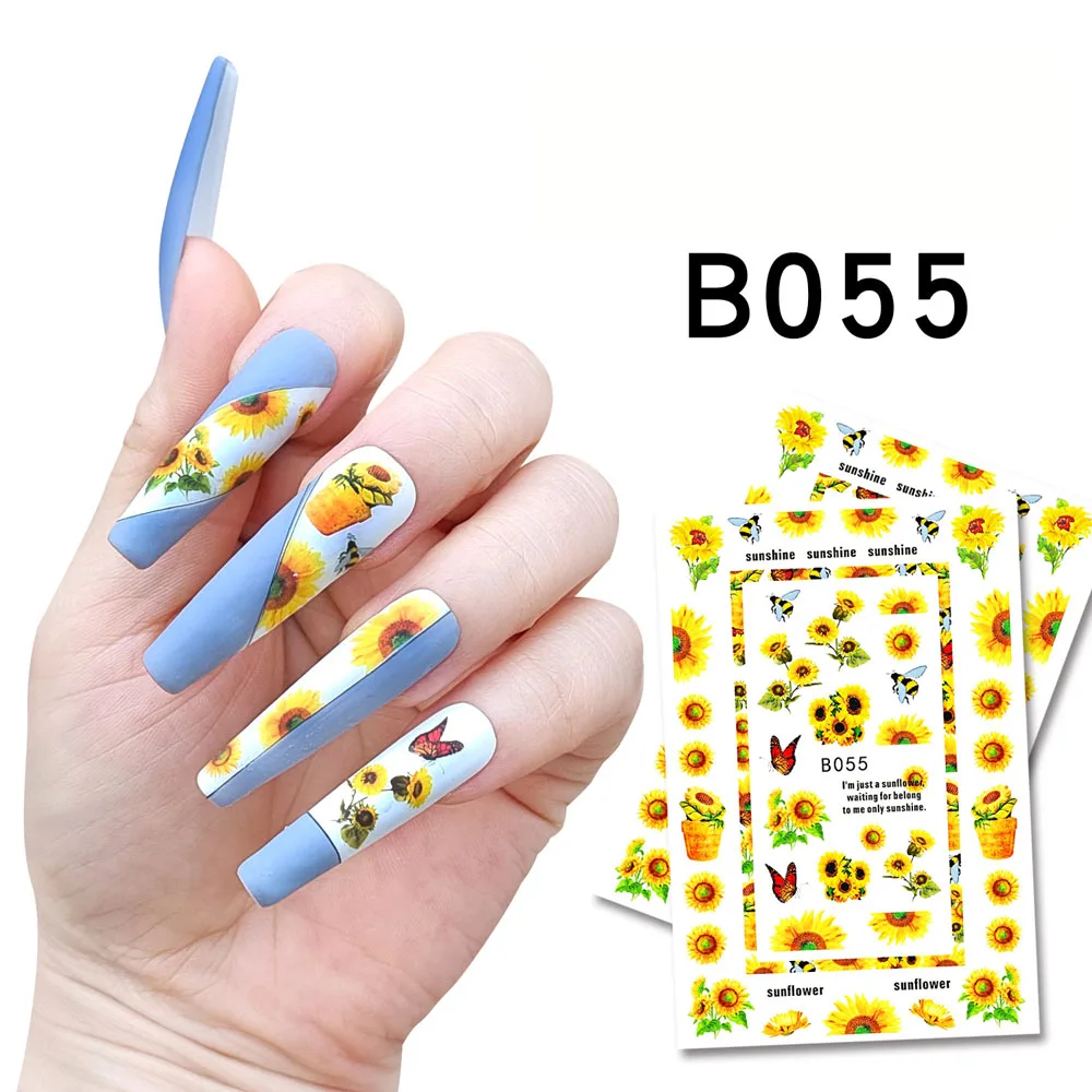 1 pçs 3d girassol adesivos de unhas auto-adesivo sol flor abelha borboleta pétalas manicure decorações da arte do prego decalques slider