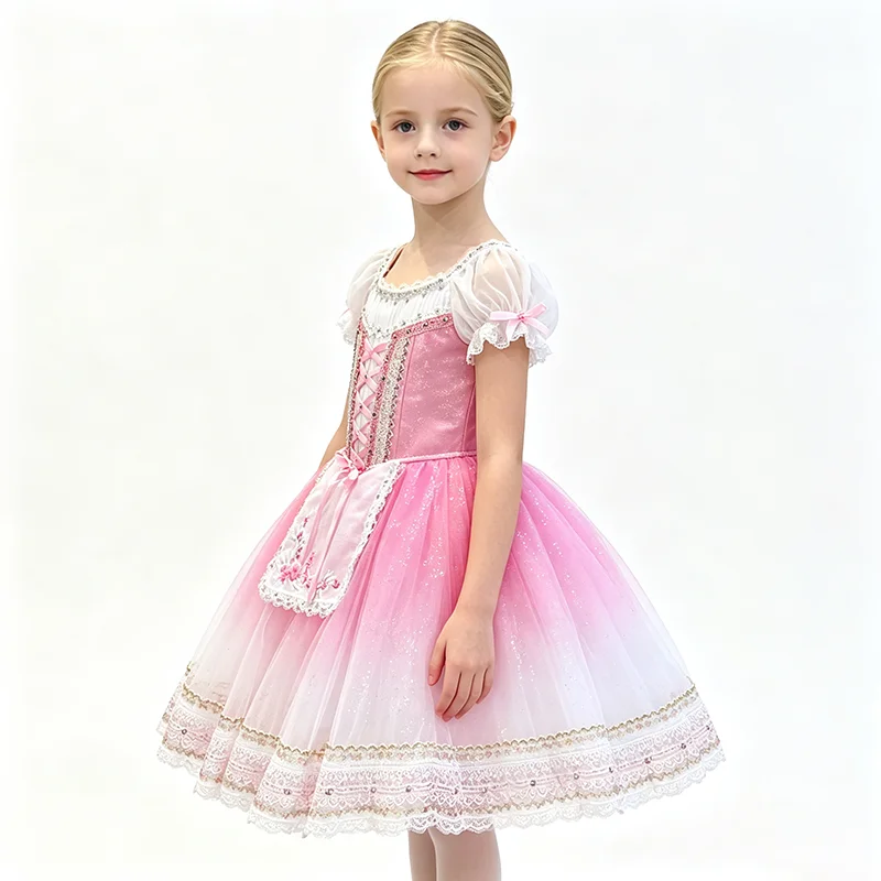 Women lace ribbon pointed V neck ballet tutu performance dress purple rhinestone gilded scroll embroidery black pink contrast se