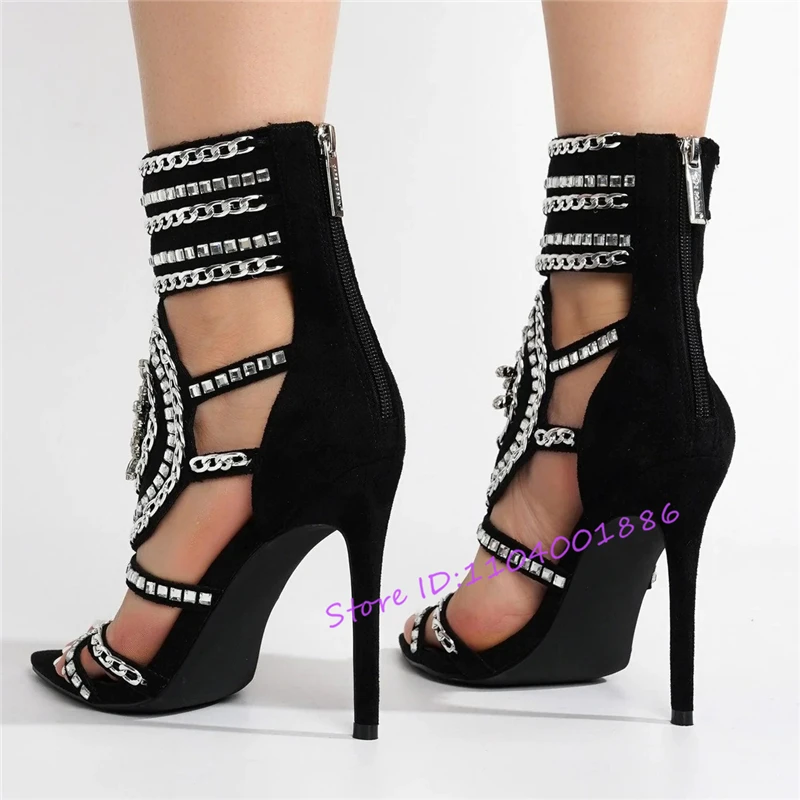 صنادل بكعب ستيليتو من حجر الراين باللون الأحمر الوردي للنساء من جلد الغزال بمقدمة مدببة وسحاب خلفي وكعب عالي فاخر وسلسلة كريستالية أحذية الحفلات #6