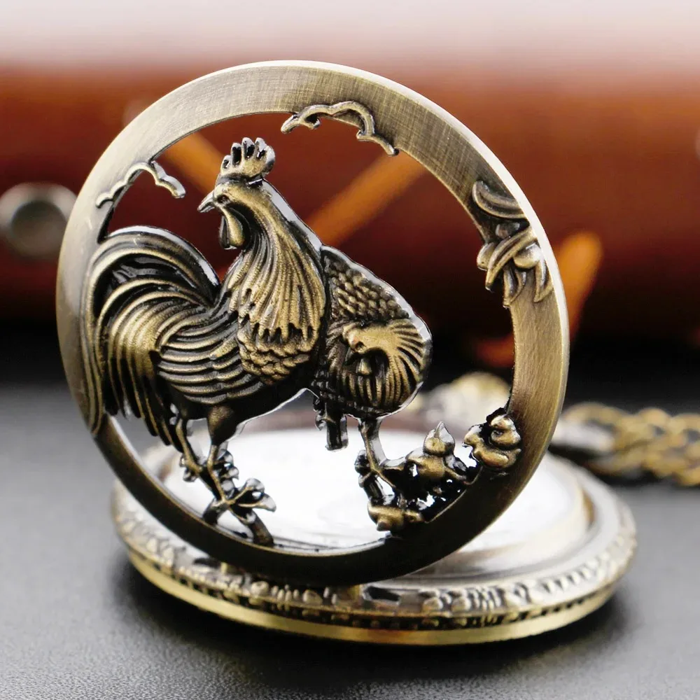 Hollow Animal Series Chicken Family Quartz Pocket Watch Vintage Dial with Chain Necklace Pendant Jewelry Clock Festival Gifts