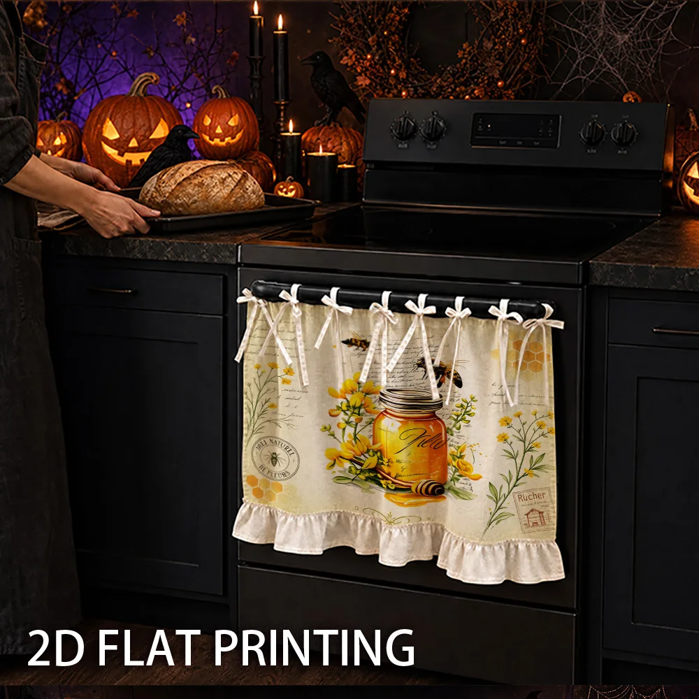 1PC kitchen stove curtain, cabinet curtain, apron. Designed with 2D graphic prints featuring honeypots, bees, wildflowers. Can b